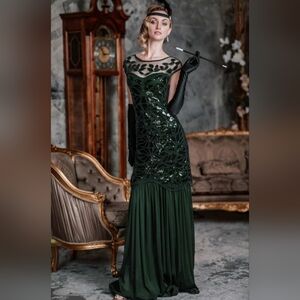 1920s Dark Green Elegant Sequined Dress